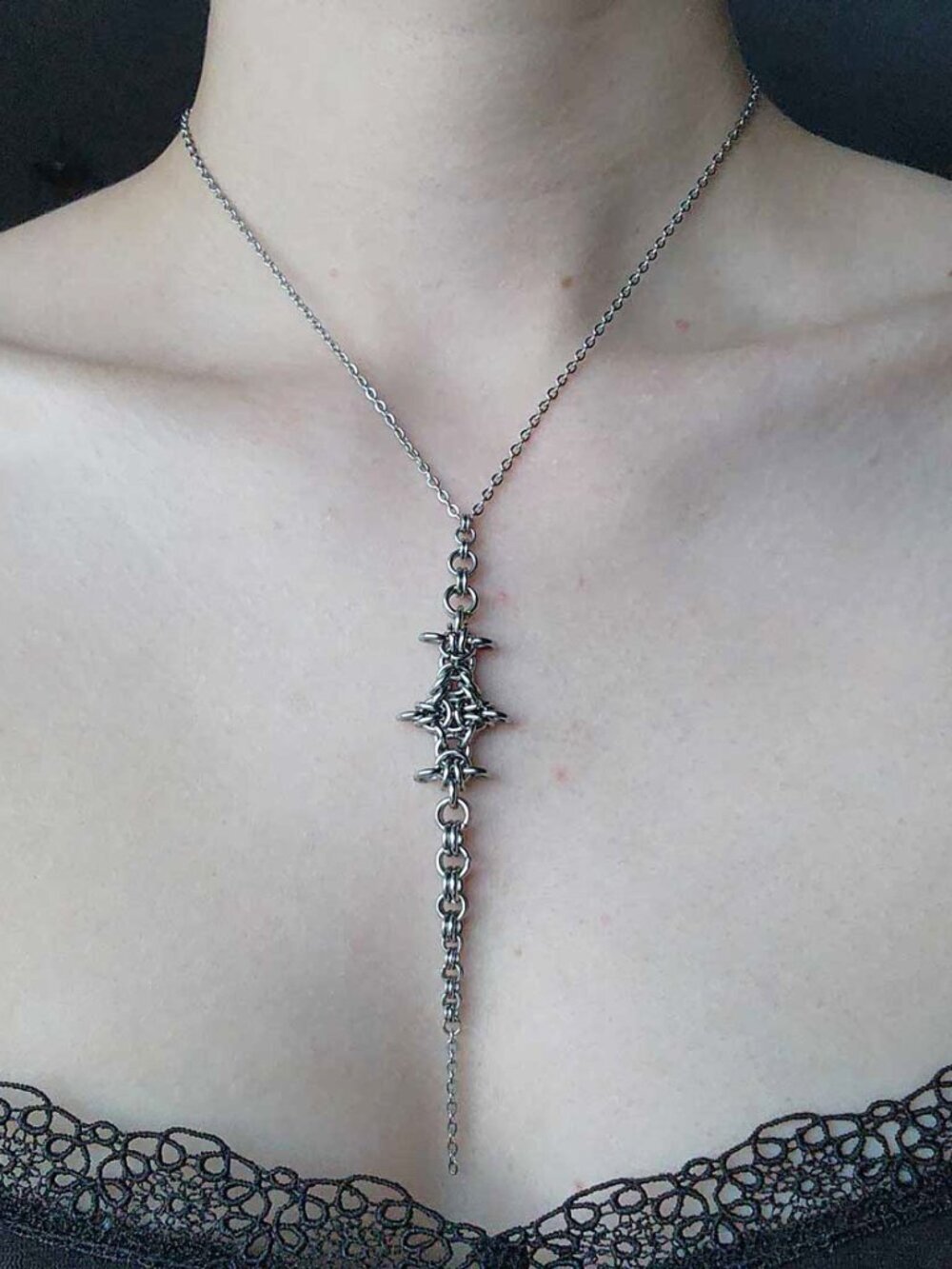 Gothic long silver rosary necklace ✦ Unique long medieval chainmaille necklace ✦ - Picture 4 of 9
